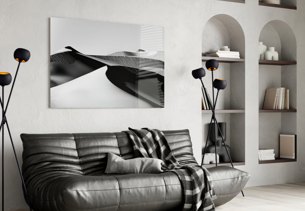 Black Landscape panel adding editorial calm to a bedroom