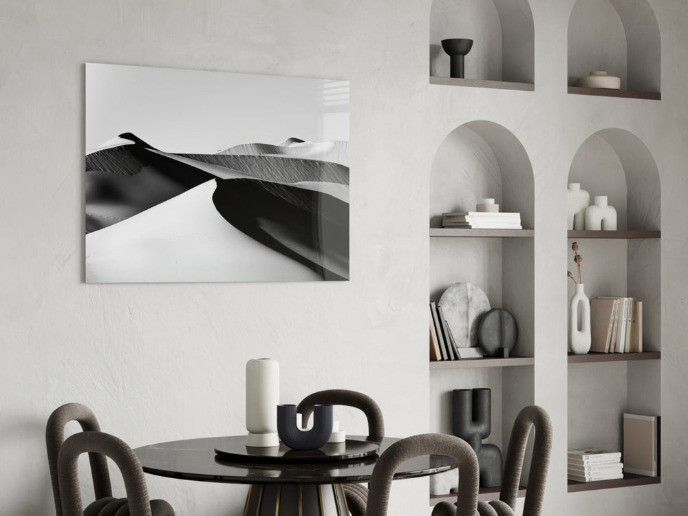 Black Landscape glass print enhancing an office with cinematic mood