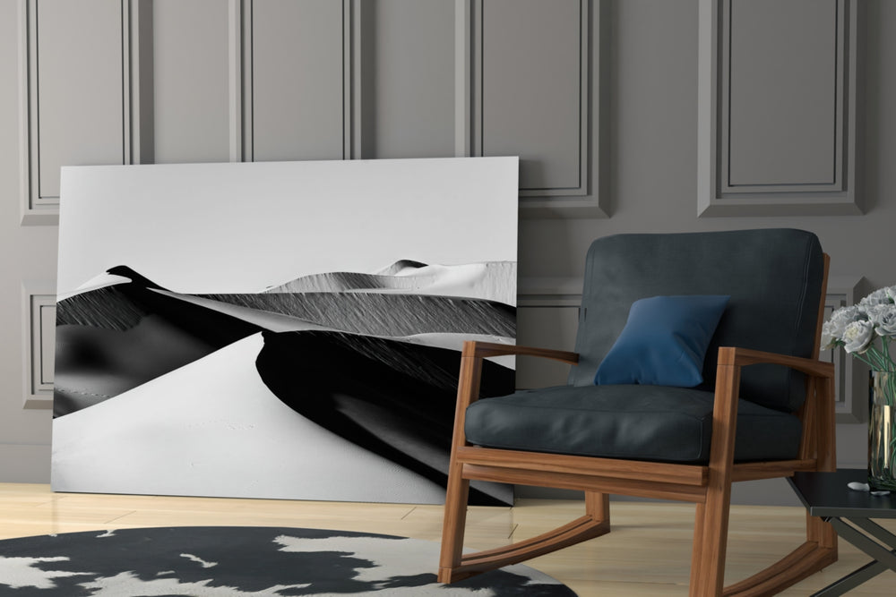 Black Landscape artwork anchoring a wall with serene minimalist palette