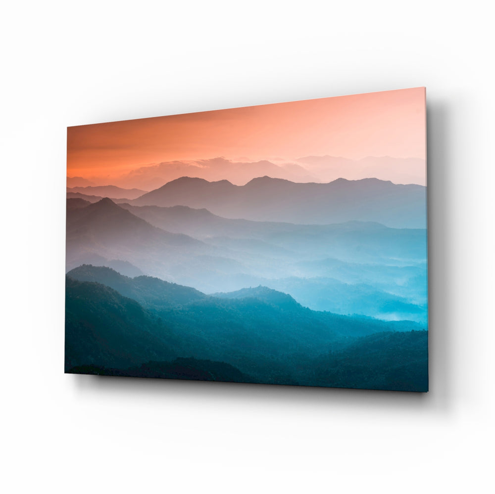 Layered-mountain panel bringing serene warmth to a contemporary lounge