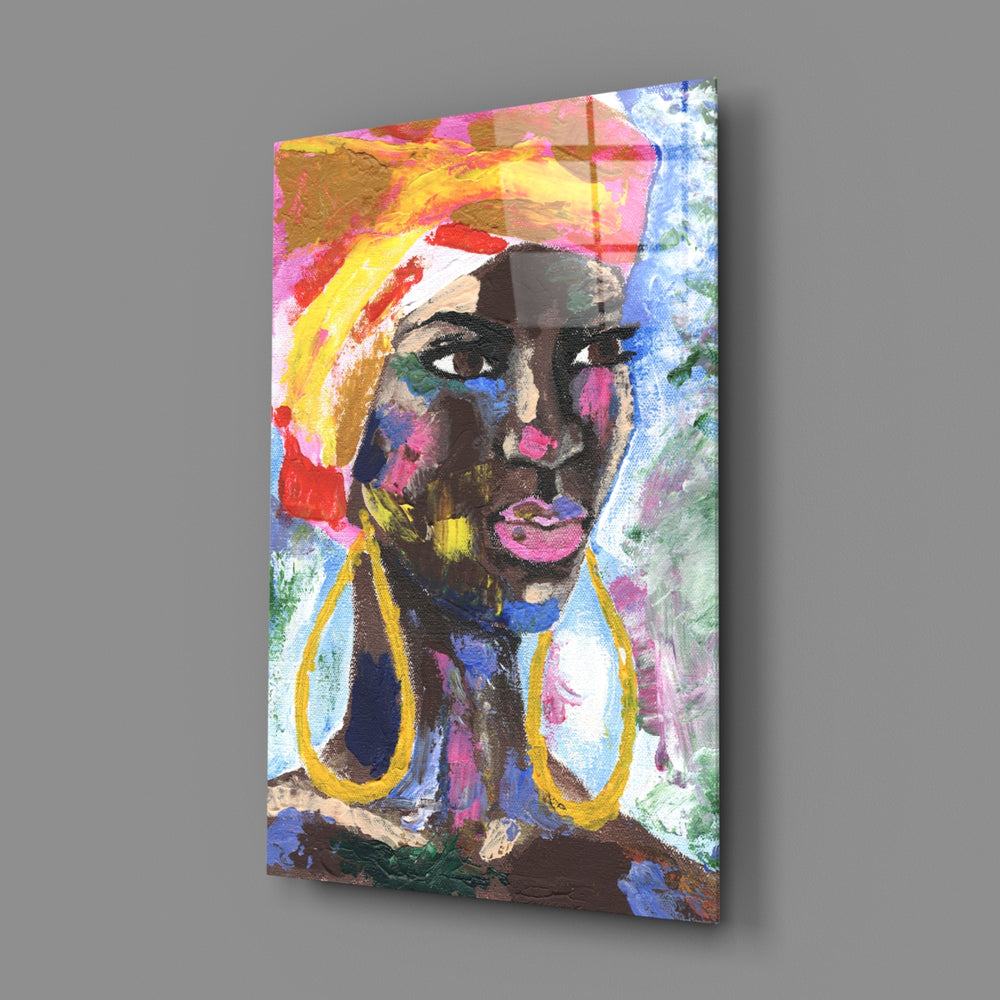Woman with Earrings close-up showing painterly muse in saffron headwrap with gold earrings
