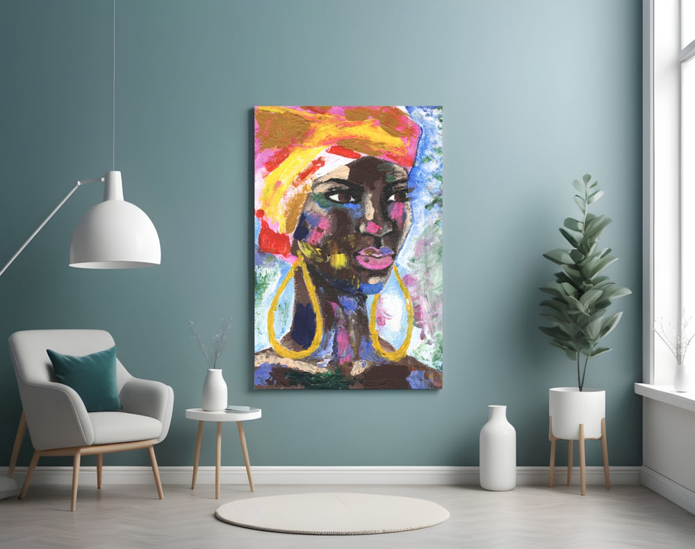 Woman with Earrings panel adding editorial mood to a hallway