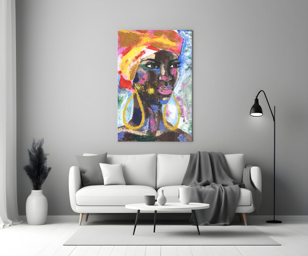 Woman with Earrings glass wall art styled above a credenza in a living room
