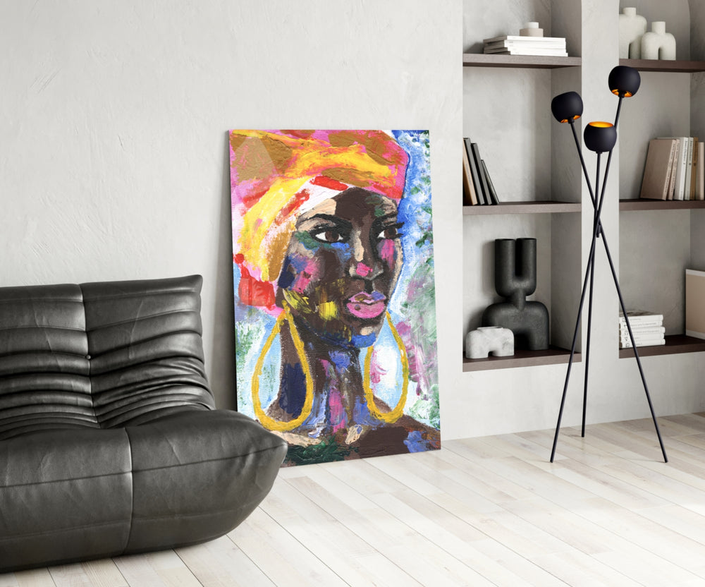 Woman with Earrings glass print enhancing a bedroom with cinematic warmth