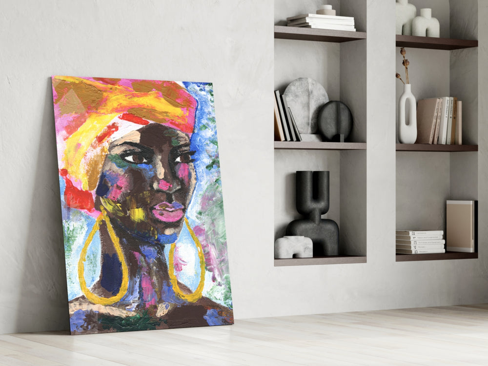 Woman with Earrings artwork anchoring a wall with bold expressive palette