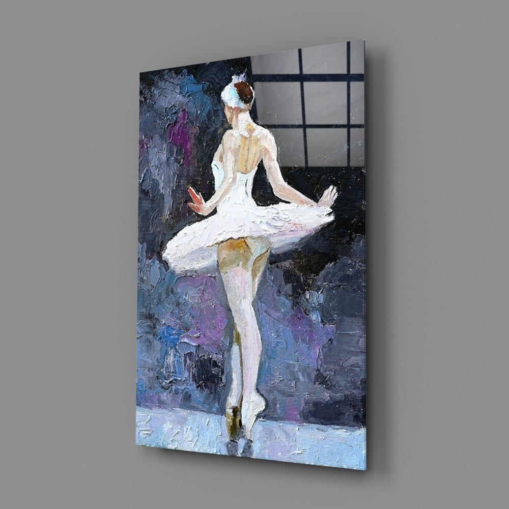 Ballerina close-up showing pearl dancer en pointe before painterly violet curtain