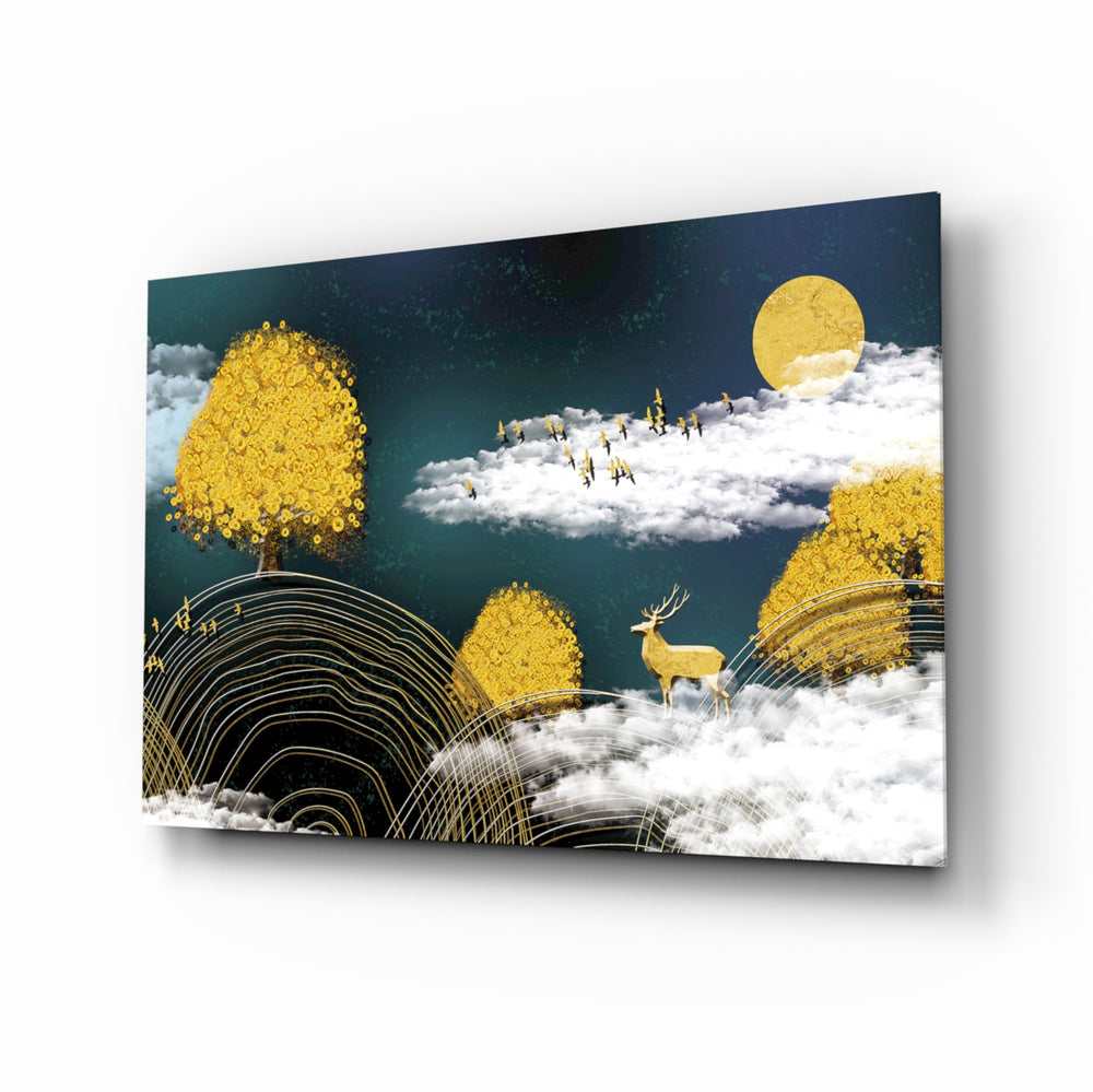 Fantasy-landscape panel bringing dreamy warmth to a contemporary lounge