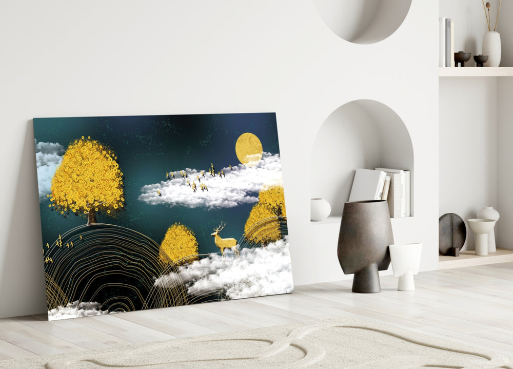 Abstraction glass wall art styled above a credenza in a living room