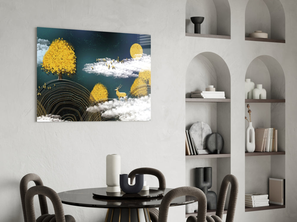 Abstraction glass print enhancing a hallway with cinematic warmth