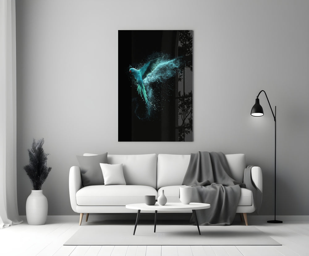 Luminious Parrot glass wall art styled above a credenza in a living room