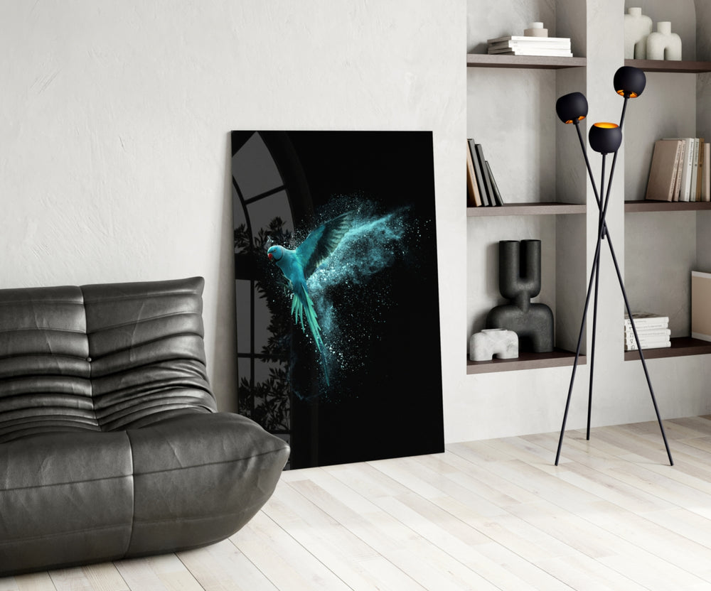 Luminious Parrot glass print enhancing an office with cinematic drama