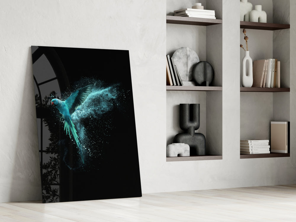 Luminious Parrot artwork anchoring a wall with bold biophilic palette