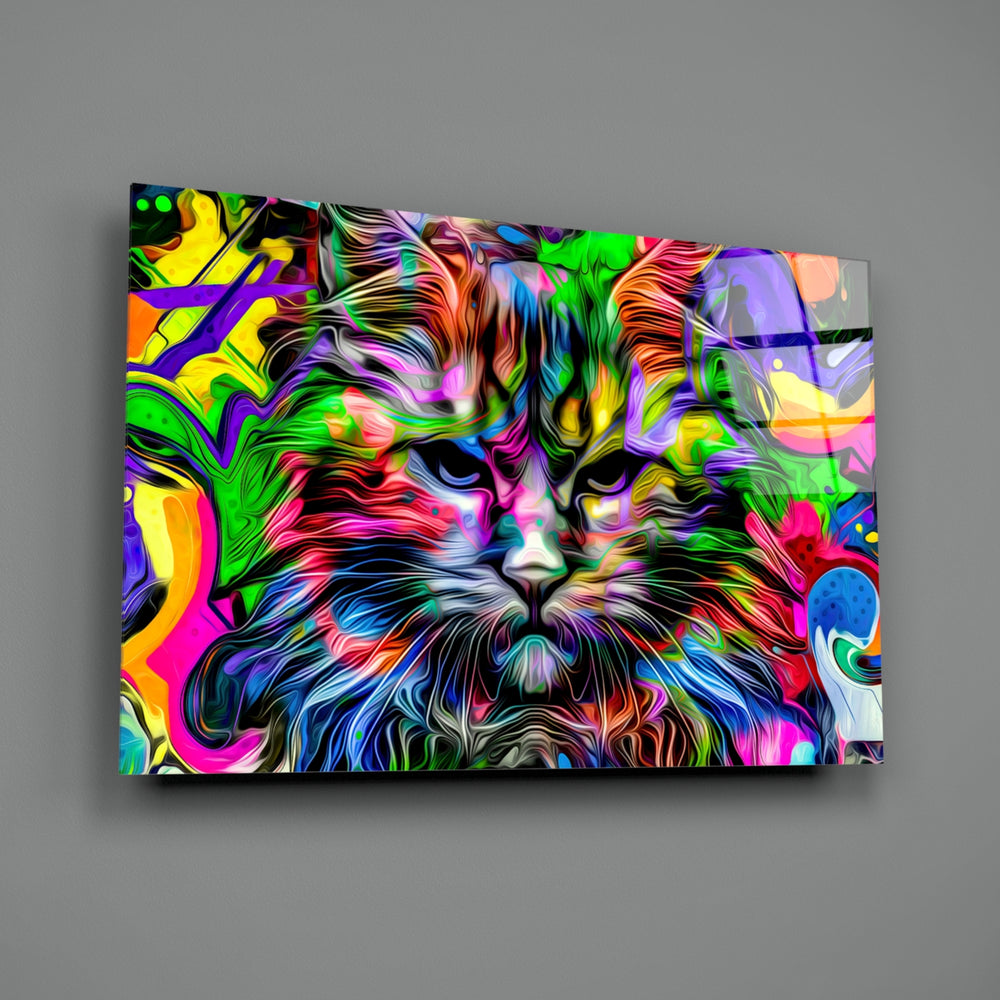 Cat close-up showing long-haired cat through magenta lime cobalt and amber graffiti