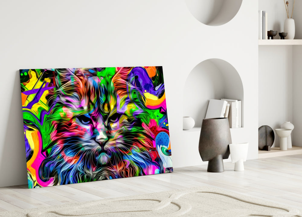 Cat glass wall art styled above a sofa in a gaming room