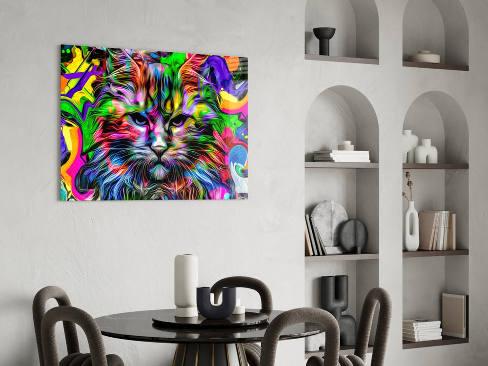 Cat glass print enhancing a living room with cinematic drama