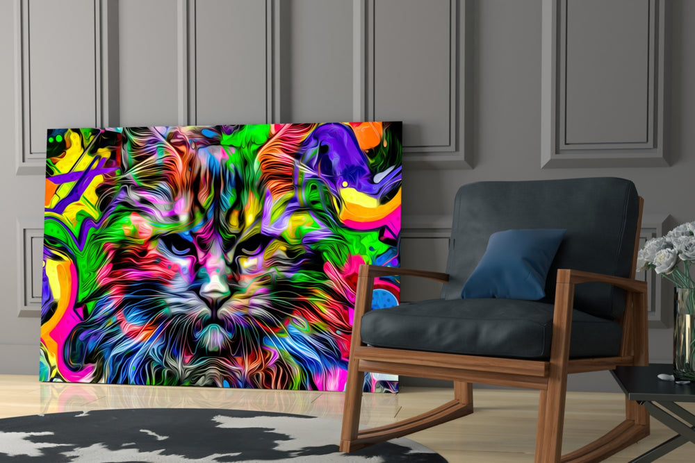 Cat artwork anchoring a wall with bold energetic palette