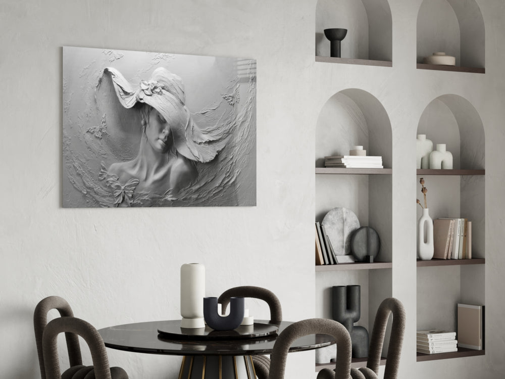 Relief Woman glass print enhancing a hallway with cinematic calm