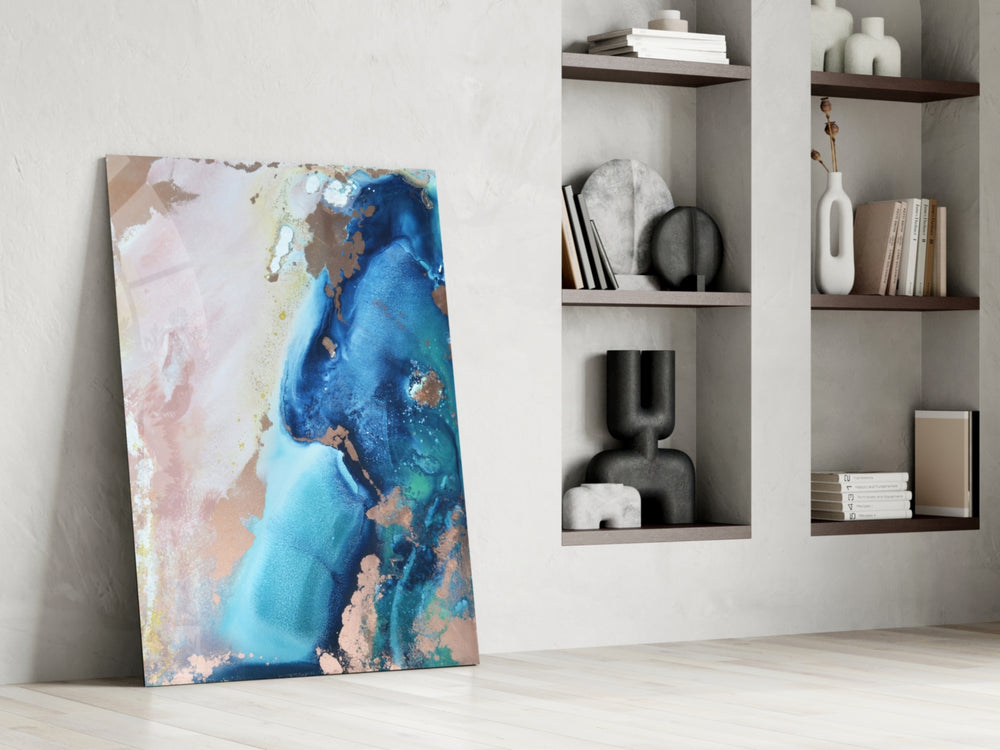 Abstraction artwork anchoring a wall with serene coastal palette