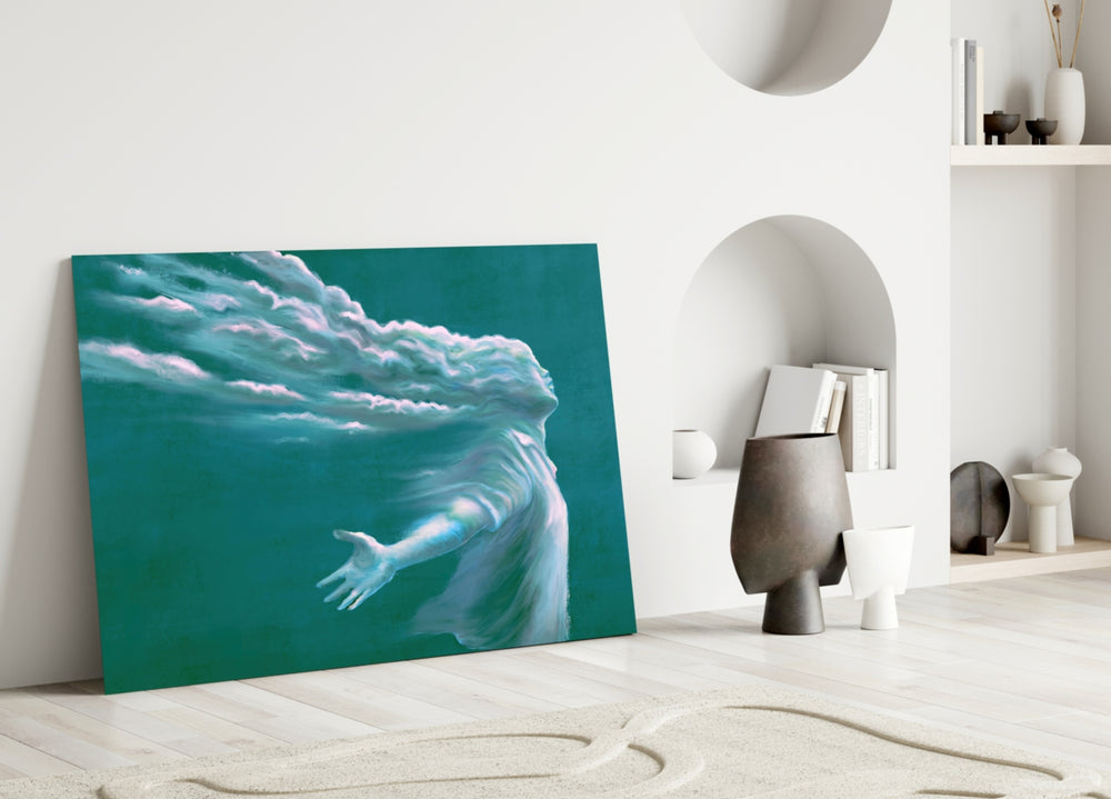 Storm in Thoughts glass wall art styled above a sofa in a living room