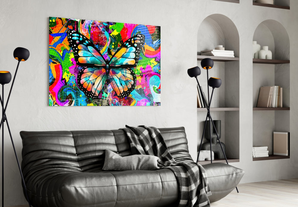 Butterfly panel adding editorial whimsy to a gaming room