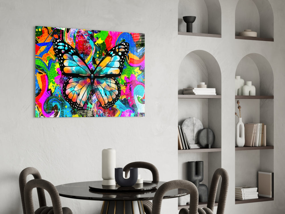 Butterfly glass print enhancing a living room with cinematic drama
