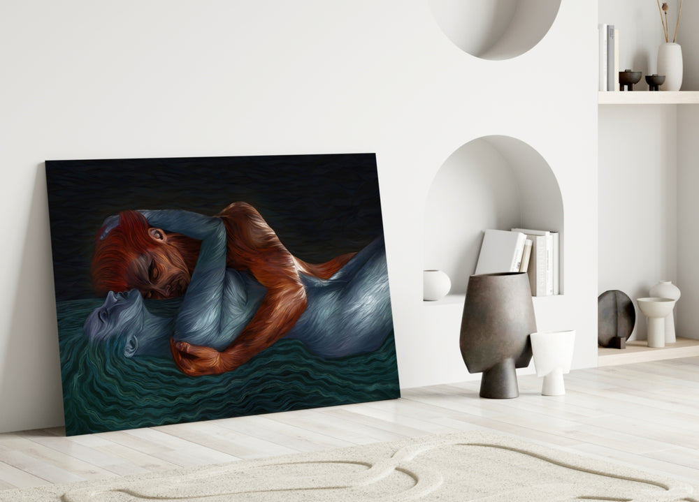 Water and Fire glass wall art styled above a bed in a bedroom