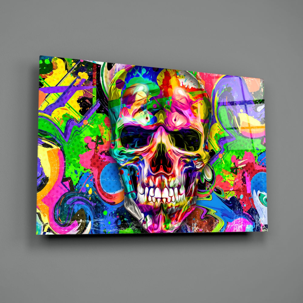 Skull close-up showing skull through magenta lime cobalt and amber graffiti splash