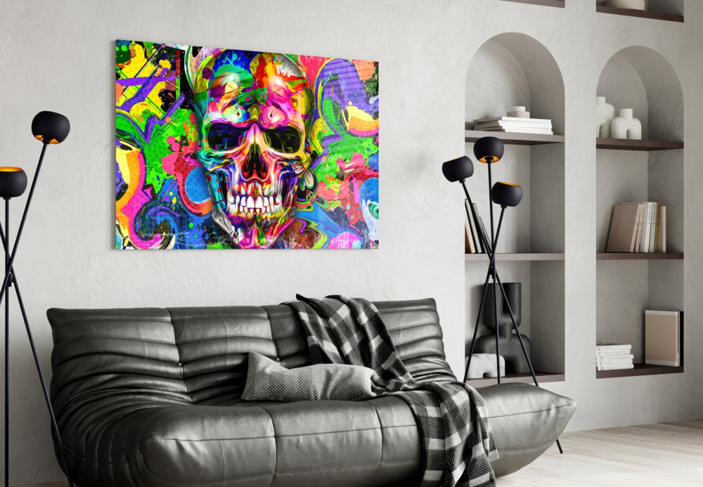 Skull panel adding editorial mood to a man cave