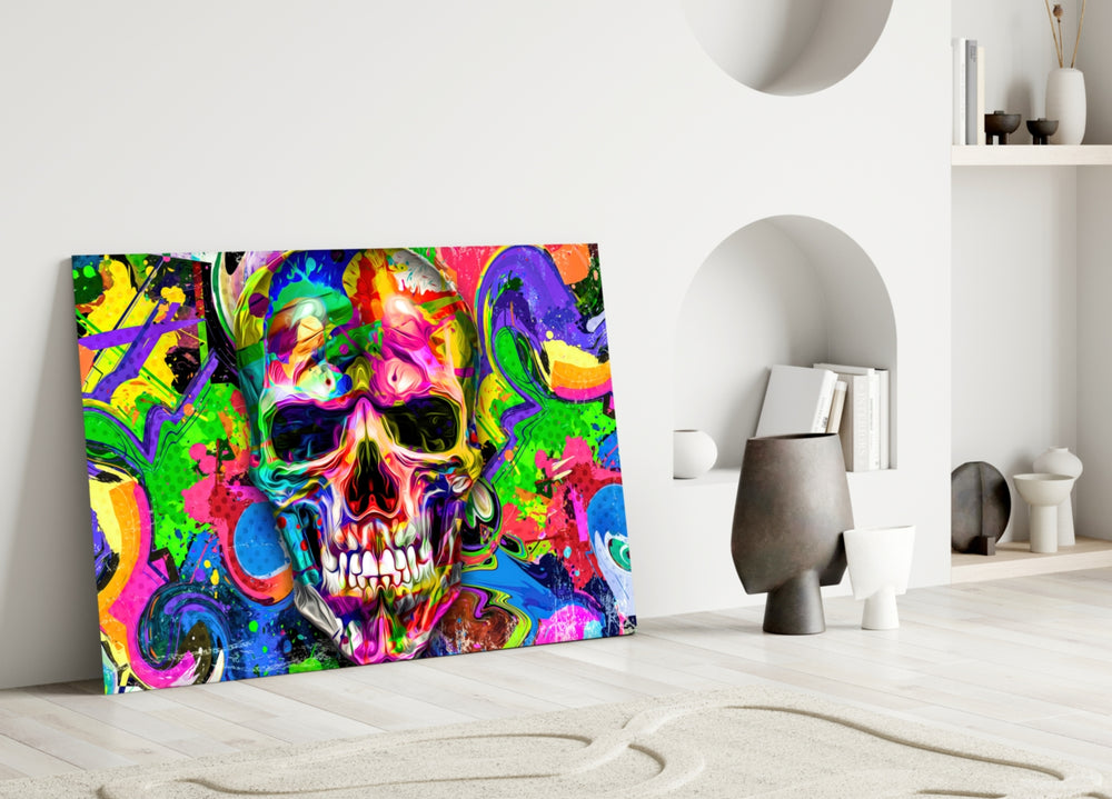 Skull glass wall art styled above a sofa in a gaming room