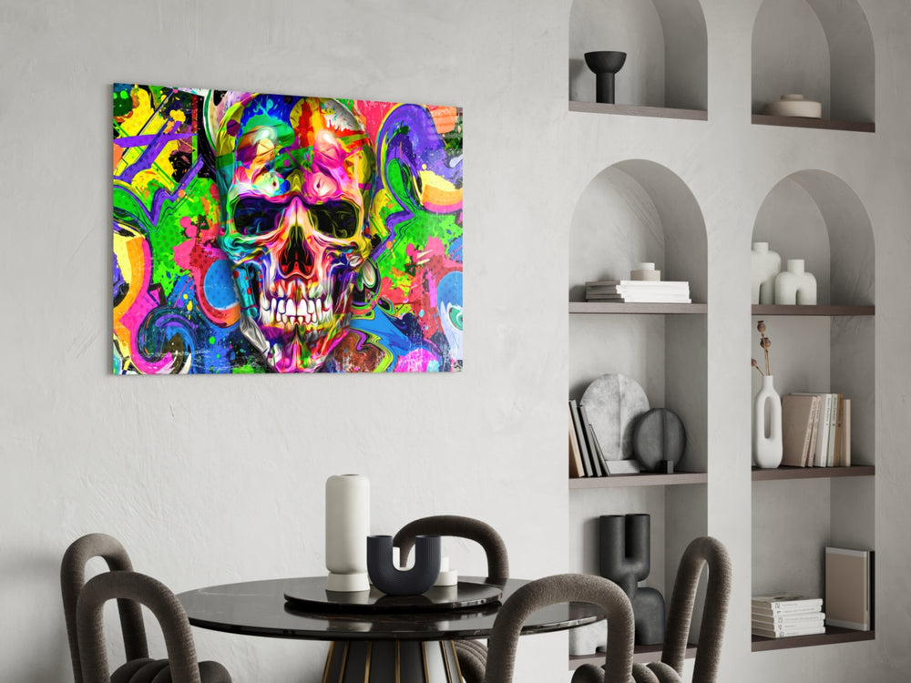 Skull glass print enhancing a living room with cinematic drama