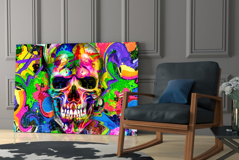 Skull artwork anchoring a wall with bold energetic palette