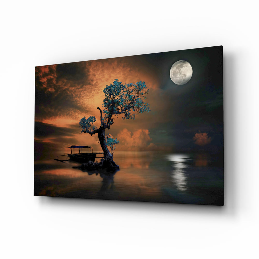 Fantasy-landscape panel bringing dreamy warmth to a contemporary lounge