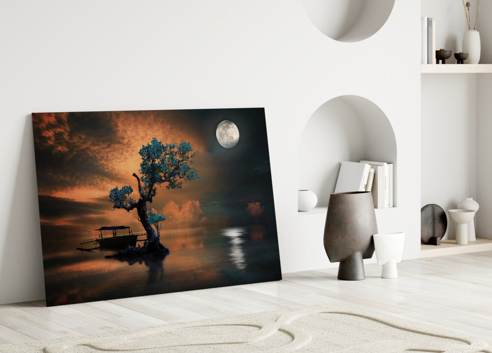 Night of the Tree glass wall art styled above a credenza in a living room