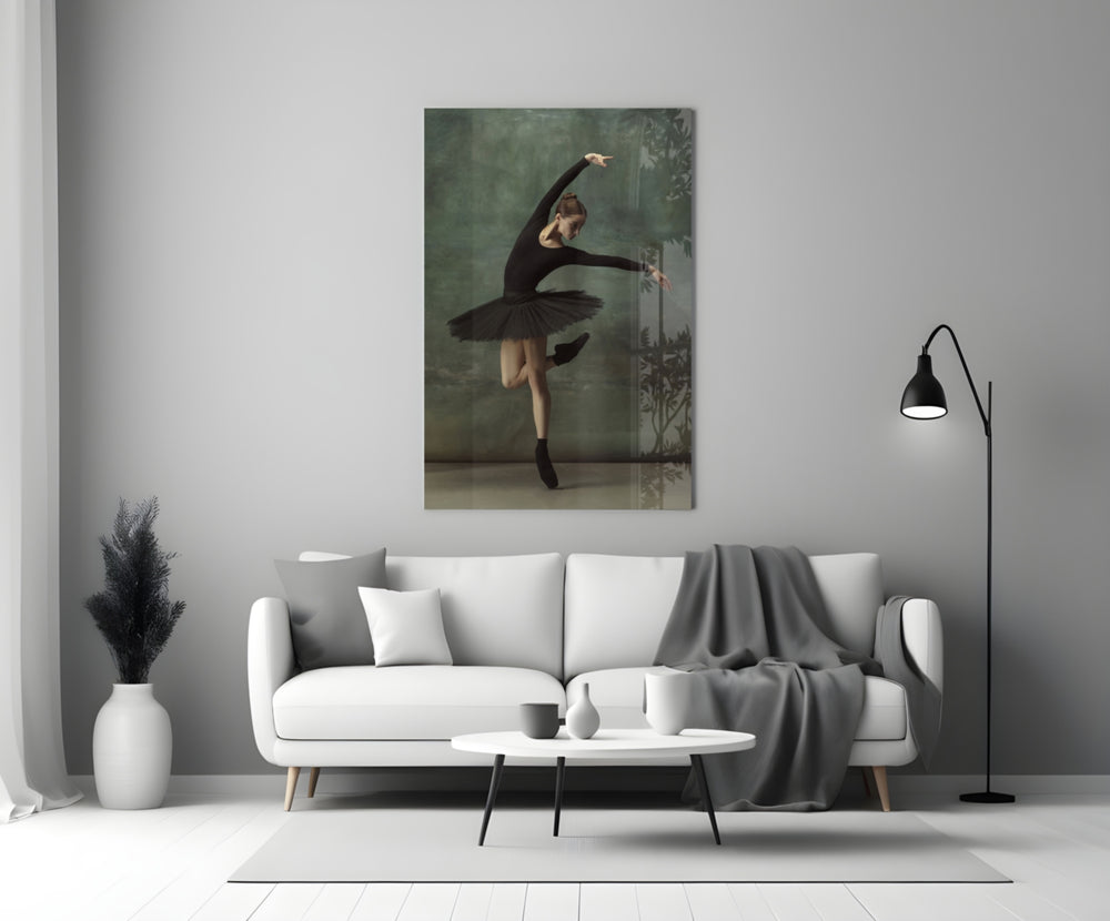 Ballerina glass wall art styled above a credenza in a living room