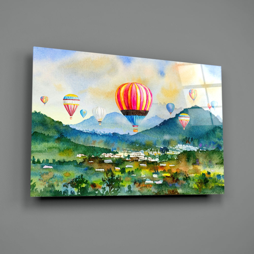 Hot Air Balloons close-up showing coral cobalt and amber balloons over emerald valley