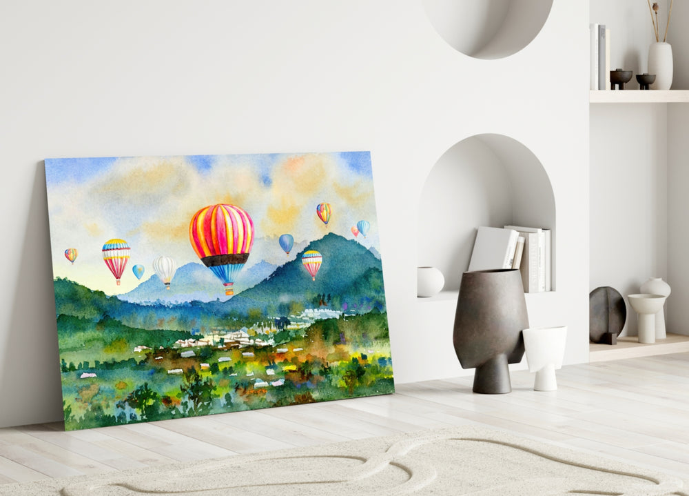 Hot Air Balloons glass wall art styled above a console in a kids room