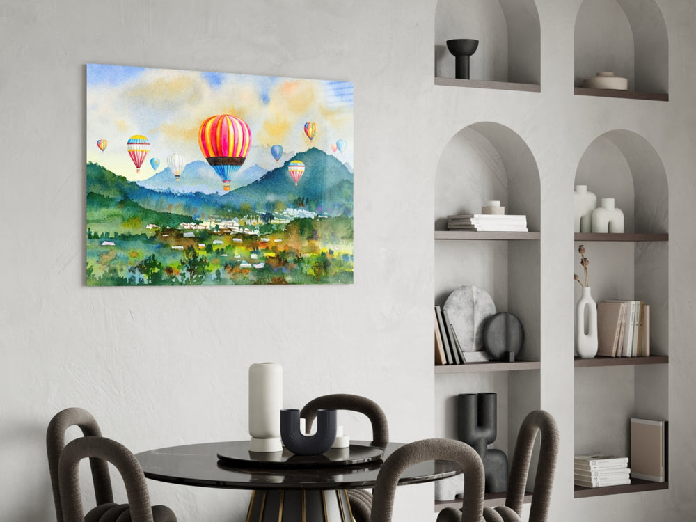 Hot Air Balloons glass print enhancing a living room with cinematic warmth
