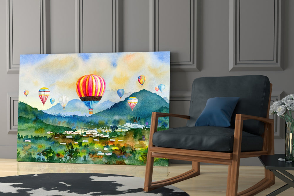 Hot Air Balloons artwork anchoring a wall with playful watercolor palette