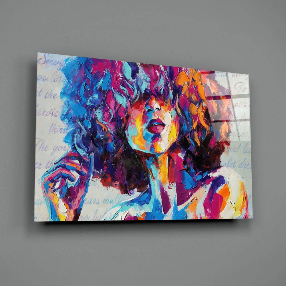 Bohemian close-up showing curly-haired muse in cobalt magenta and amber brushstrokes