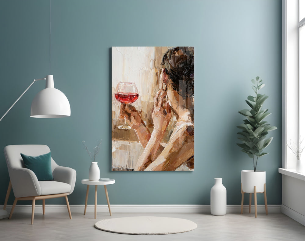 Wine and Women glass wall art styled above a sideboard in a dining room