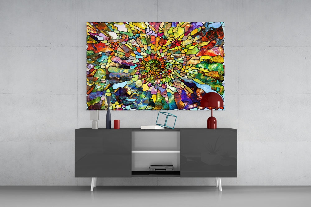 Colorful Mosaic panel catching window light to reveal its luminous saturation