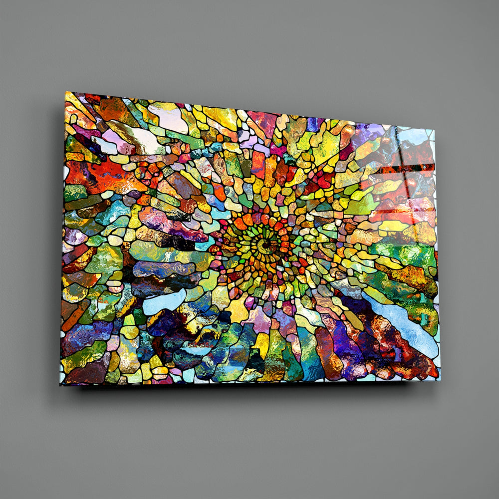 Stained-glass sunburst panel bringing kaleidoscopic energy to a contemporary dining room