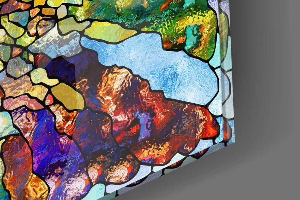 Colorful Mosaic artwork anchoring a wall with bold kaleidoscopic palette