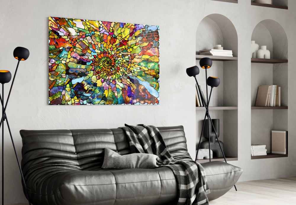Colorful Mosaic glass wall art styled above a console in a living room