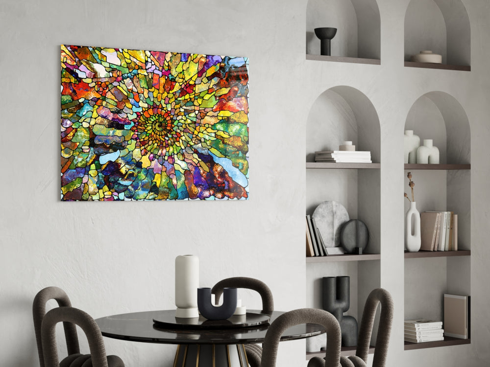 Colorful Mosaic panel adding editorial energy to a dining room