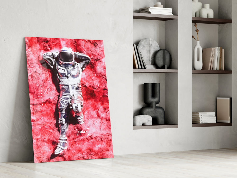 Astronaut and Space Grass glass print enhancing a gaming room with cinematic humor