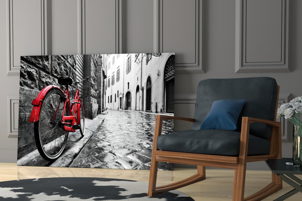 Street and Bicycle glass print enhancing a restaurant with cinematic poise