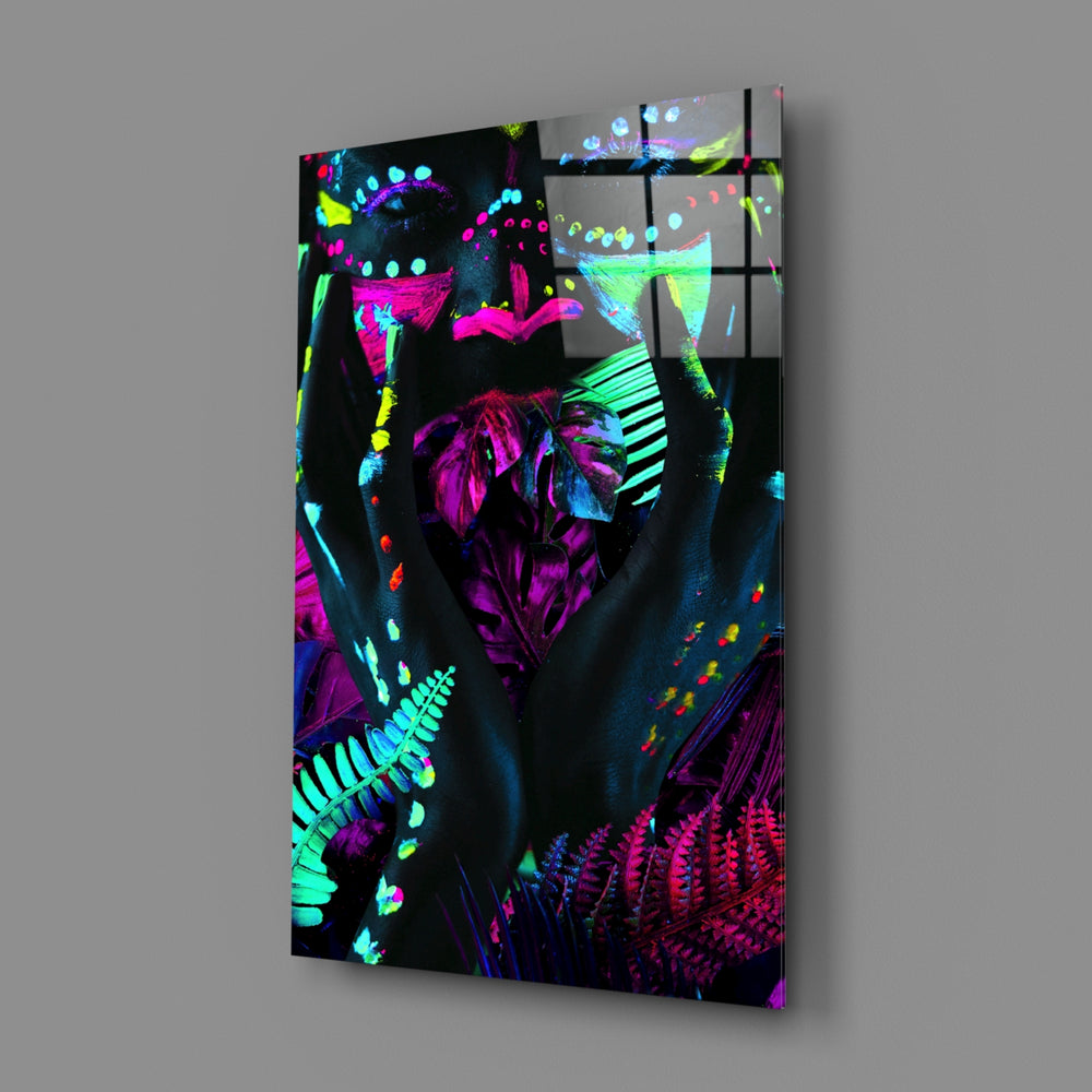 Blacklight body-paint panel bringing electric drama to a contemporary lounge