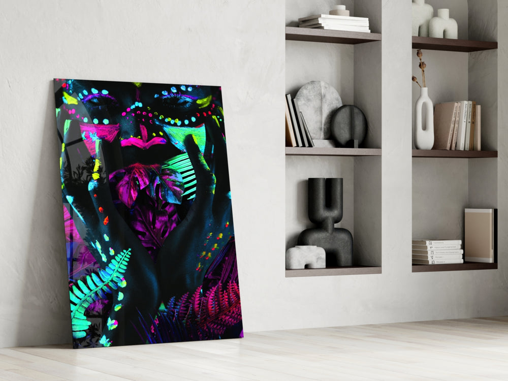Neon Glances glass print enhancing a teen lounge with cinematic glow