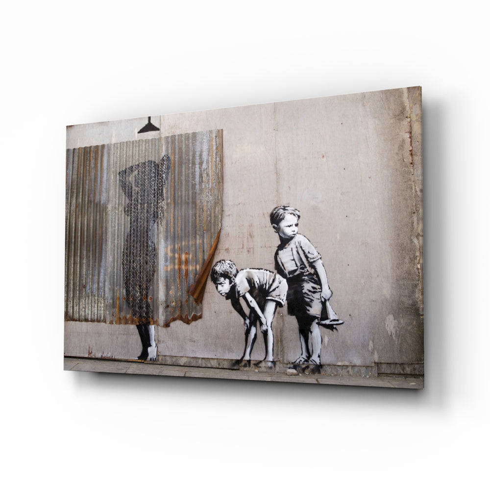 Curiosity glass wall art displayed above a charcoal linen sofa in a concrete-walled lounge with reclaimed-wood console and matte-black floor lamp